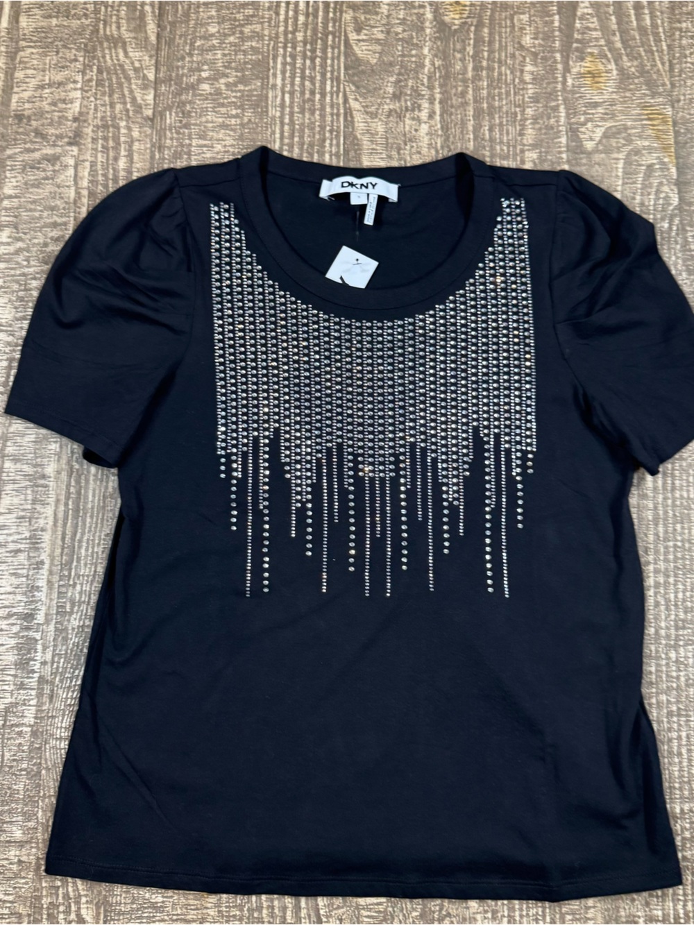 NWT DKNY Black Short Sleeve Tee with Rhinestone Drip Detail